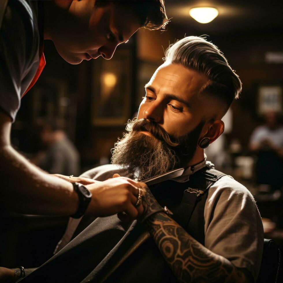 ai généré barbier main en portant une tout droit le rasoir prêt à se raser une du client barbe photo