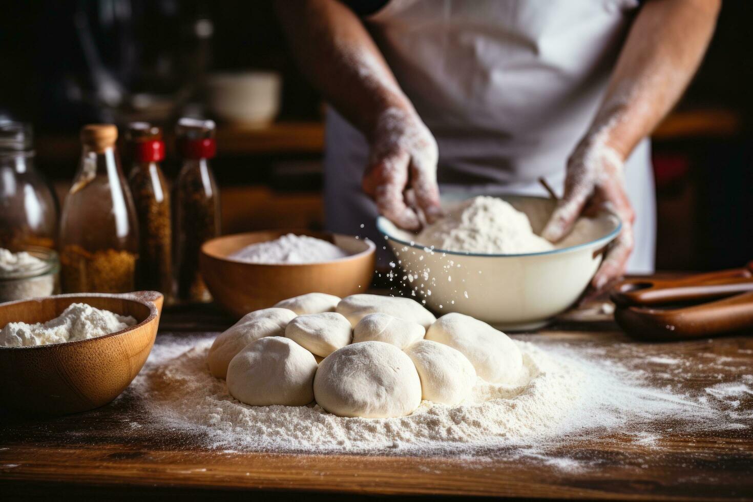 ai généré une Candide coup de une boulanger saupoudrage farine sur une travail surface photo