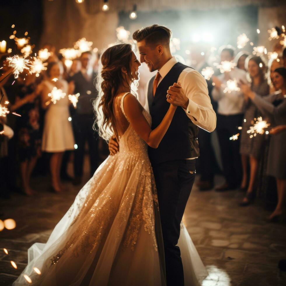 ai généré une la mariée et jeune marié Coupe leur mariage gâteau entouré par leur joyeux invités photo