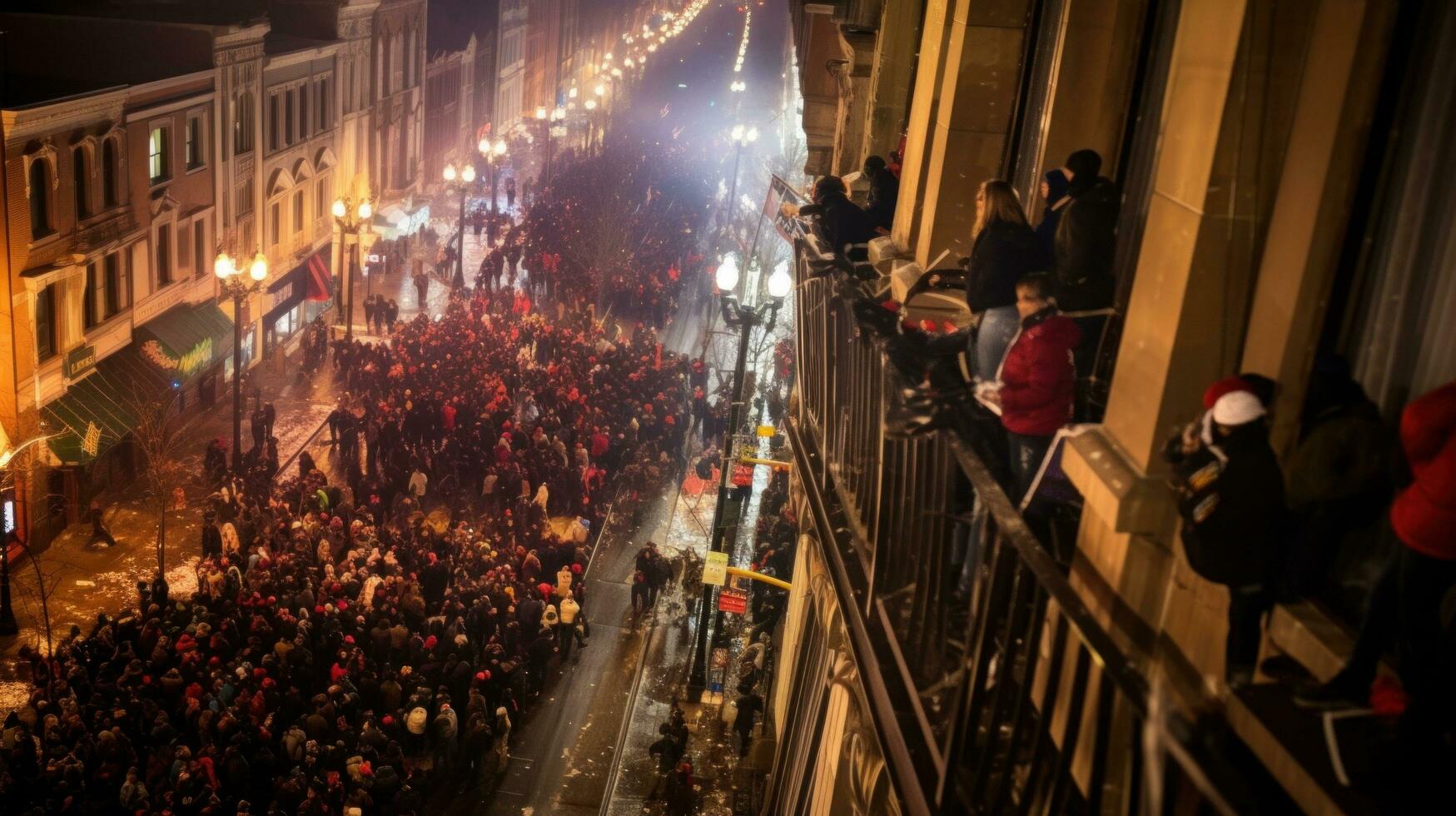 ai généré le des rues sont rempli avec les fêtards, enveloppé dans chaud manteaux, Chapeaux, et écharpes photo