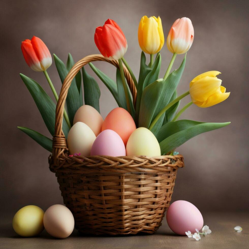 ai généré un Pâques panier rempli avec des œufs et entouré par épanouissement tulipes, avec beaucoup de copie espace photo