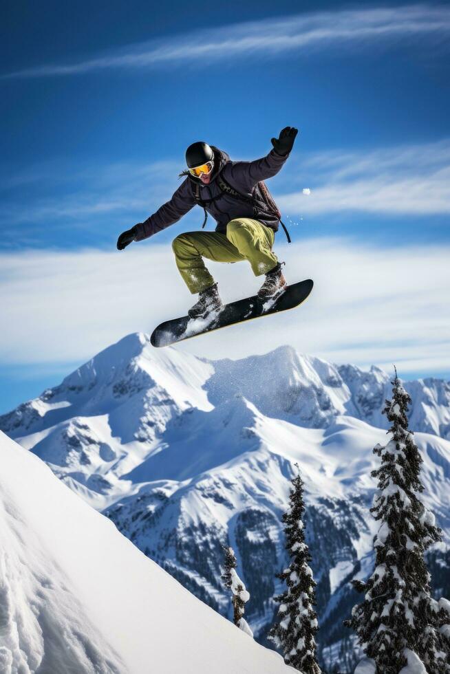 ai généré une snowboarder performant une élégant saisir tour tandis que équitation vers le bas une Montagne photo