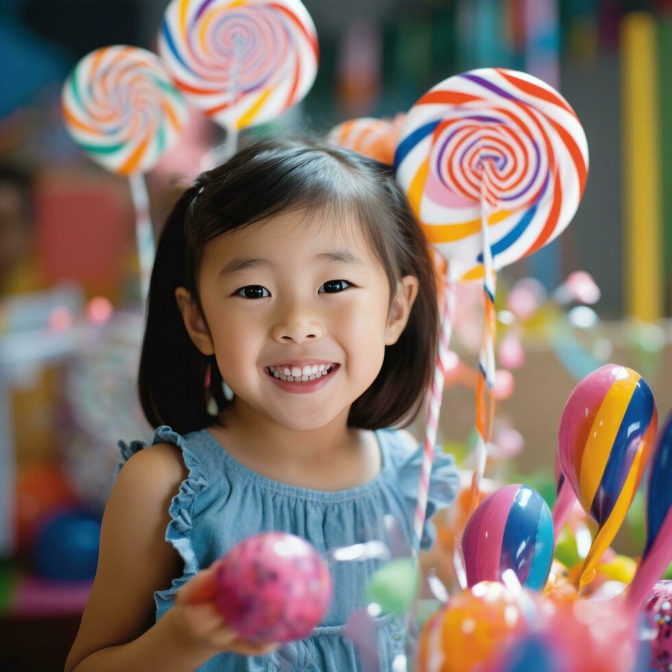 ai généré une Jeune fille en portant une géant sucette et sourire Heureusement photo