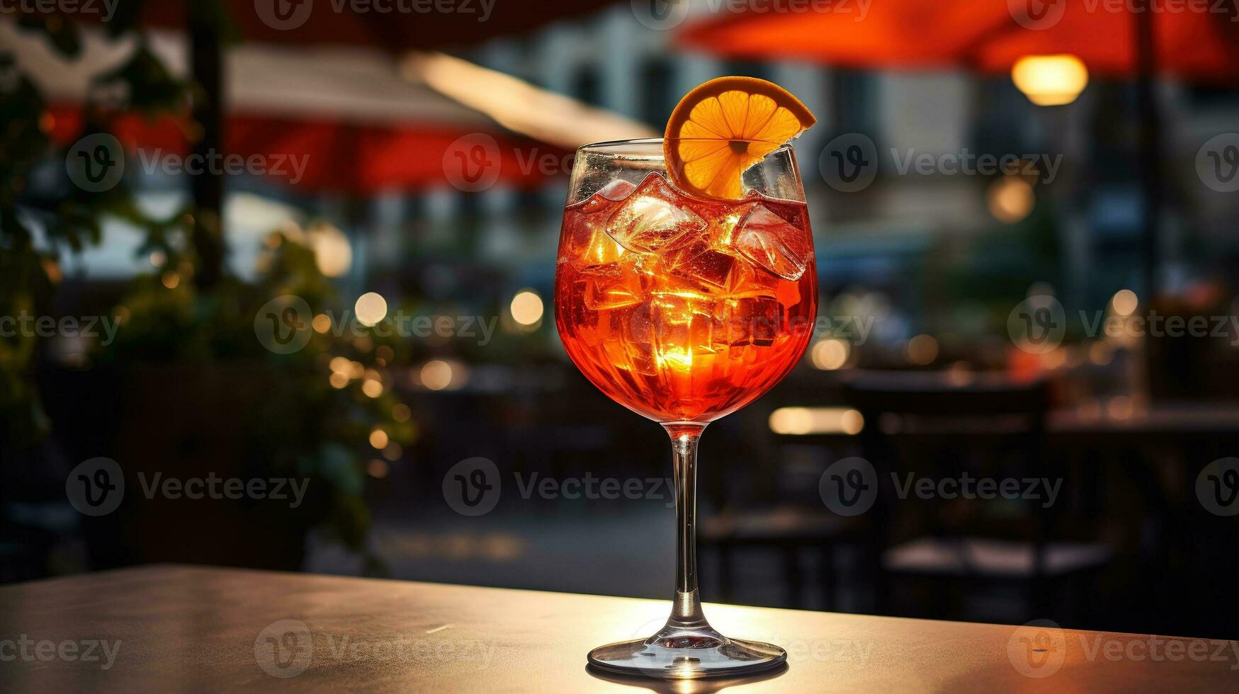 ai généré génératif ai, verre de aperol spritz sur en bois table avec brouiller Contexte avec lumières de rue bar, café ou restaurant photo