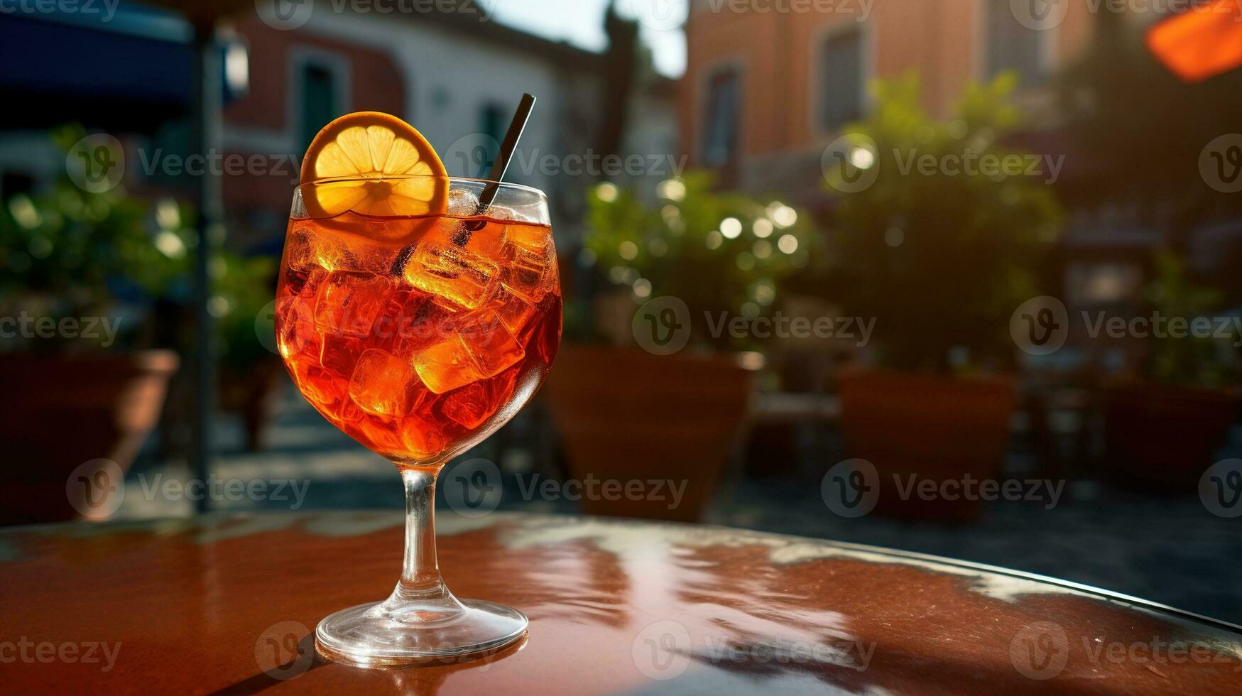 ai généré génératif ai, verre de aperol spritz sur en bois table avec brouiller Contexte avec lumières de rue bar, café ou restaurant photo