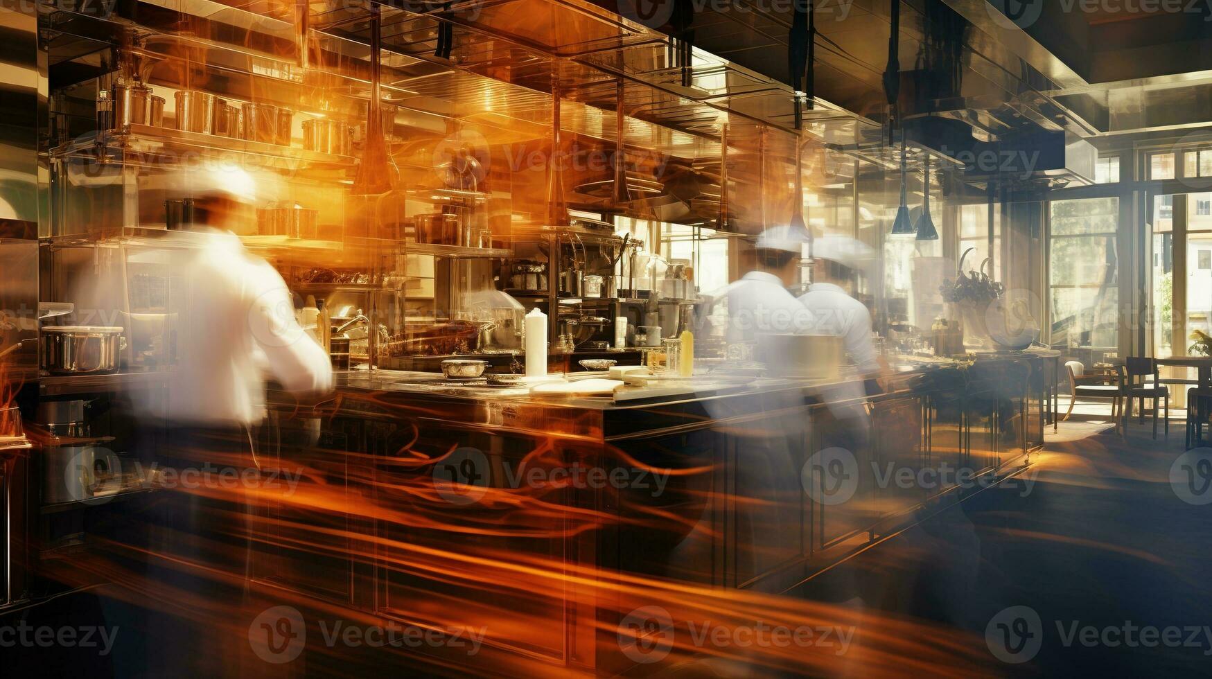 ai généré génératif ai, occupé chefs travail sur le restaurant cuisine dans mouvement se brouiller, la vitesse photo