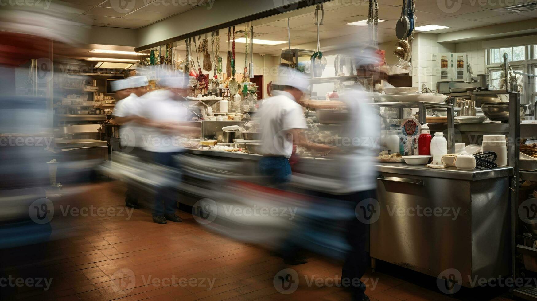 ai généré génératif ai, occupé chefs travail sur le restaurant cuisine dans mouvement se brouiller, la vitesse photo