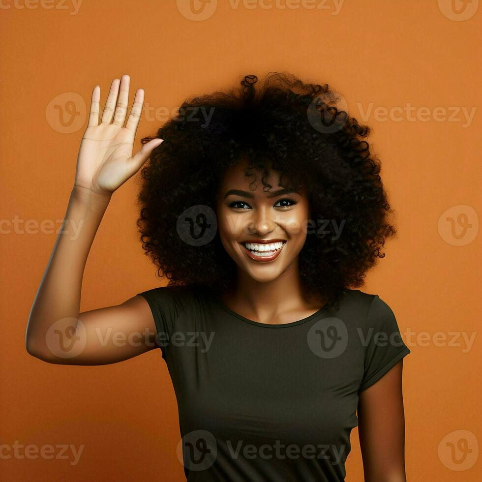 ai généré photo de une foncé écorché souriant femme agitant sur un Orange Contexte. haute qualité . ai génératif