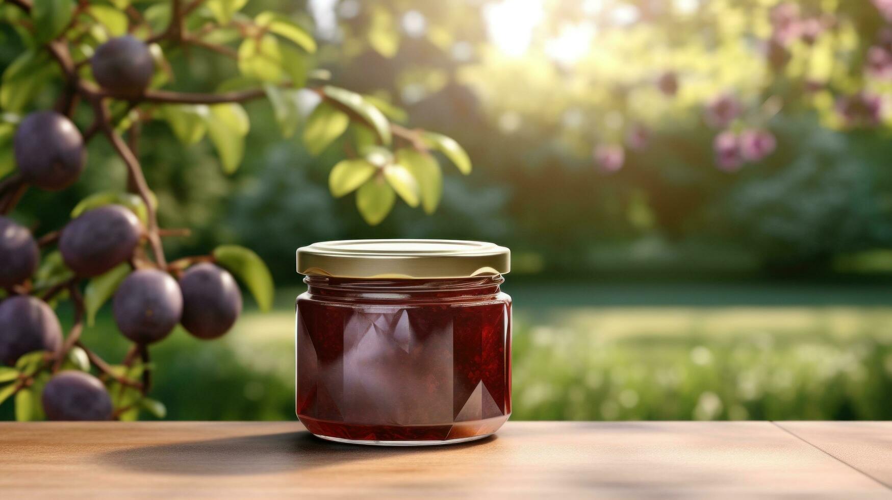 ai généré pot de prune confiture avec Vide de face réaliste sur une maquette modèle dans une en bois table dans une été jardin avec prune des arbres, photo