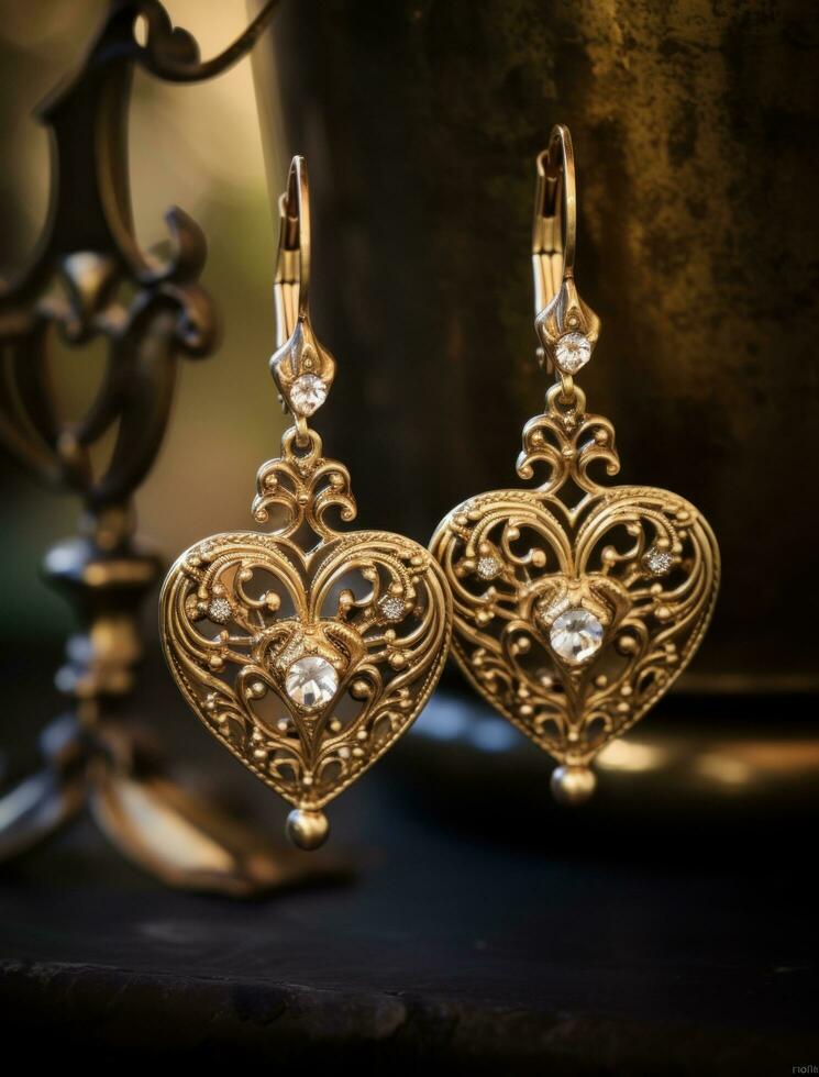 ai généré d'or cœur des boucles d'oreilles montré sur une dessus de la table, photo