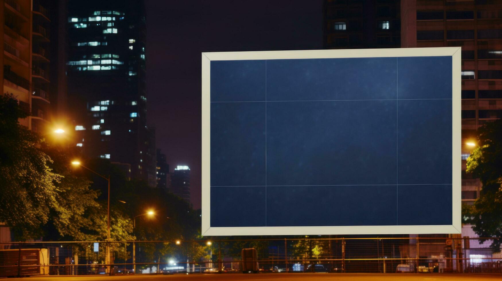 ai généré panneau d'affichage maquette avec Vide devant, réaliste sur une maquette modèle dans une rue de nuit gros ville photo