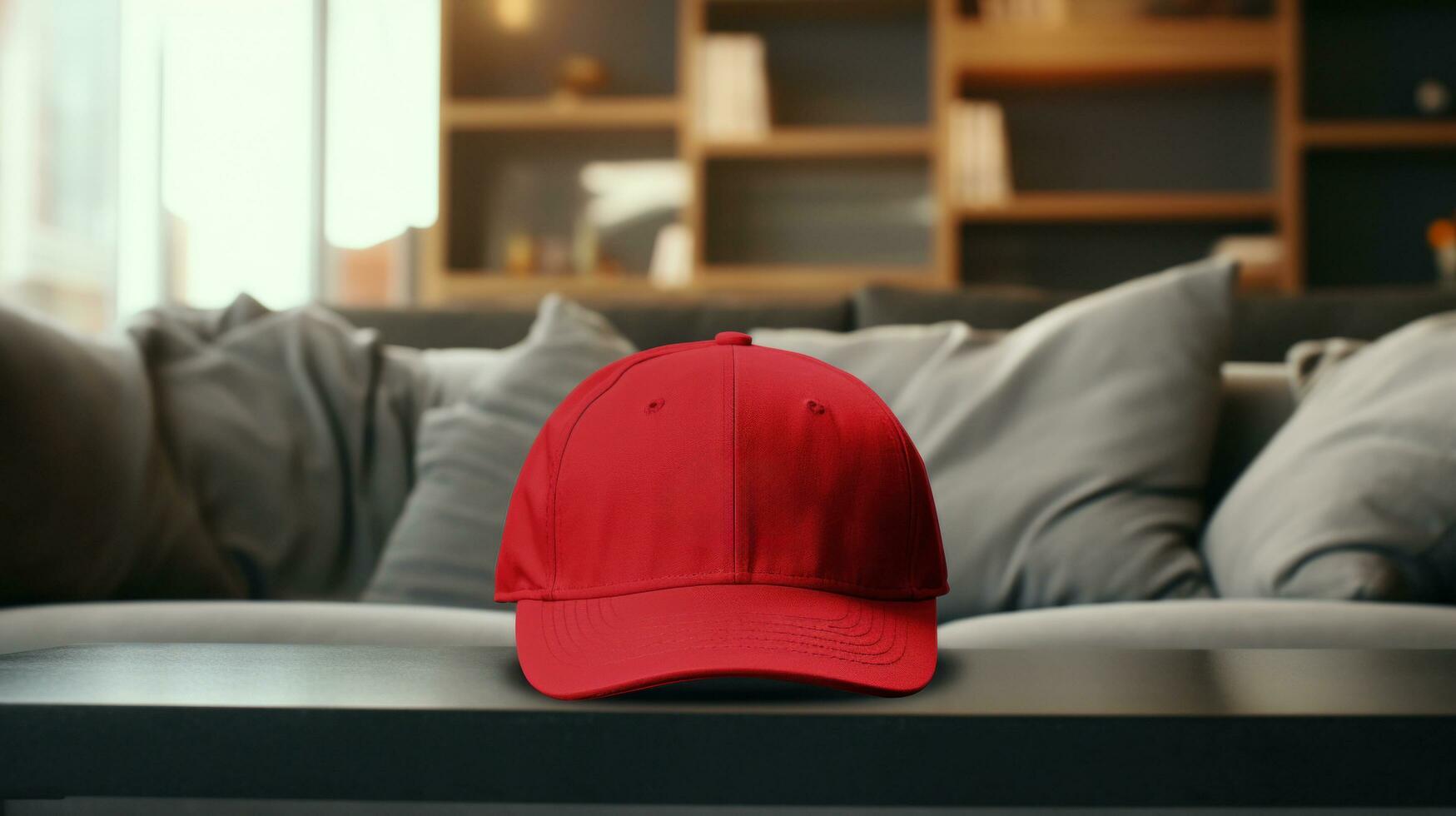 ai généré athlète moderne base-ball rouge casquette avec réaliste sur une maquette modèle dans une herbe dans une stade photo