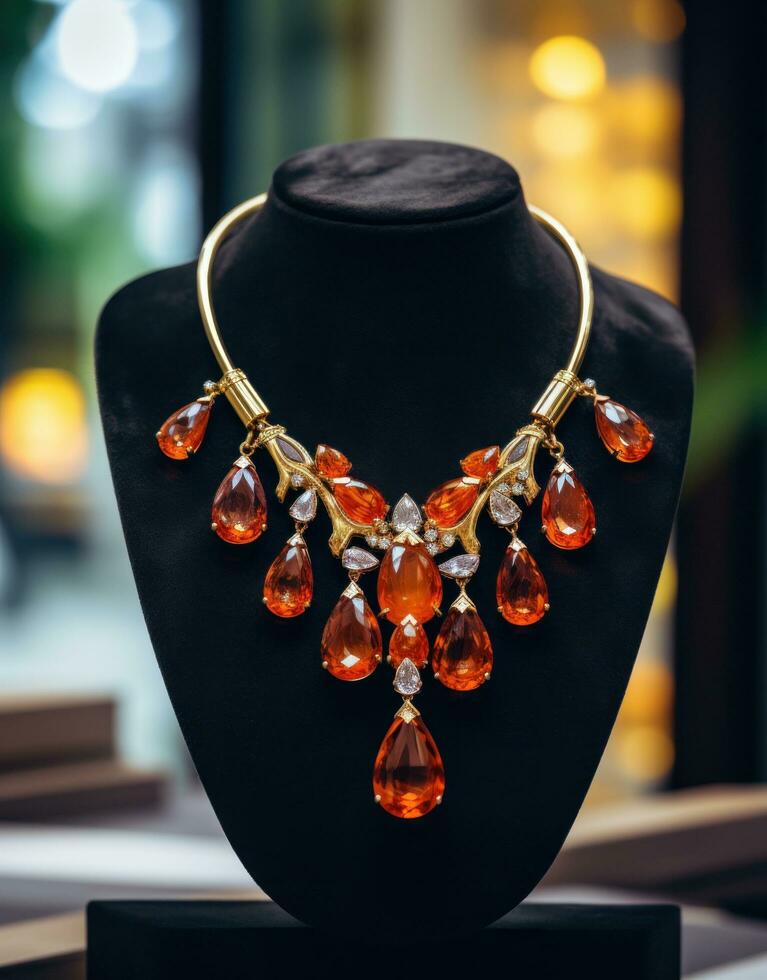 ai généré une Collier avec pierres précieuses dans une boutique fenêtre, photo