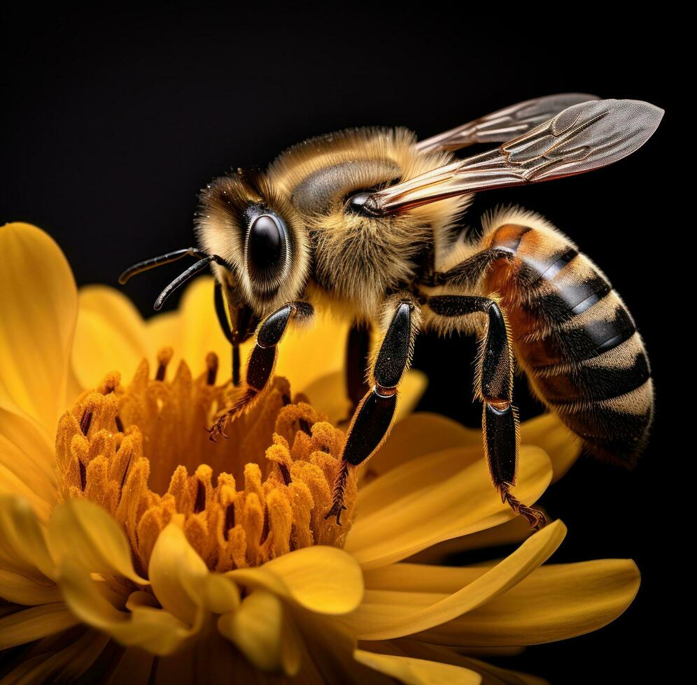 ai généré une abeille sur une noir Contexte avec une Jaune fleur, photo