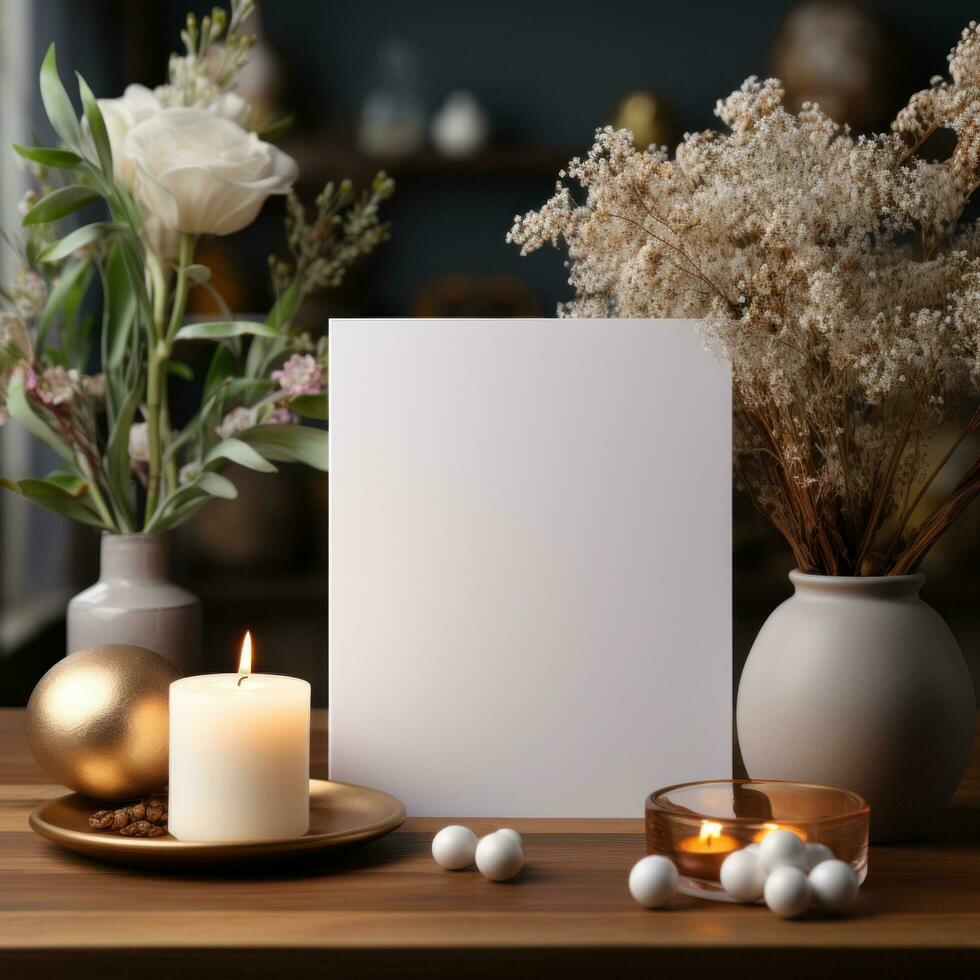 ai généré blanc cercle salutation carte avec Vide devant, réaliste sur une maquette modèle dans une en bois table dans une Pâques luxe Contexte dans Accueil à l'intérieur, photo