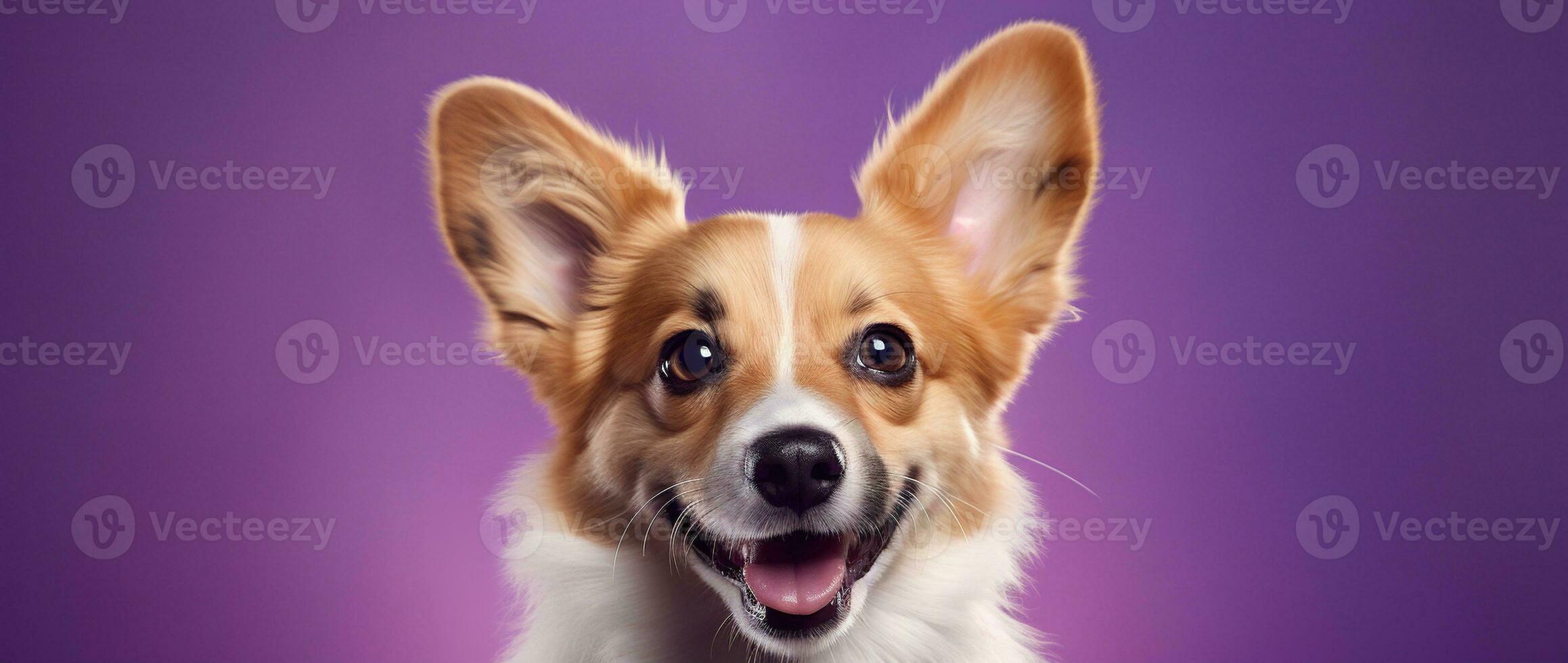 ai généré mignonne gallois corgi chien sur une violet Contexte photo