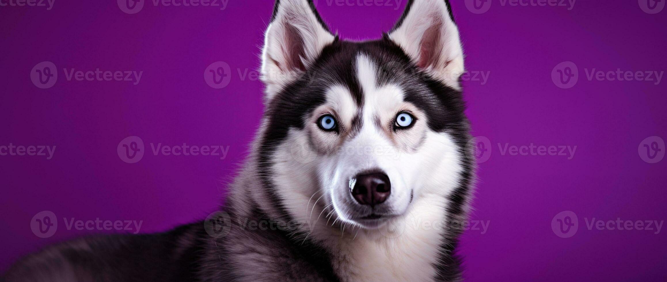 ai généré une fermer portrait de une rauque chien avec bleu yeux et une violet Contexte photo