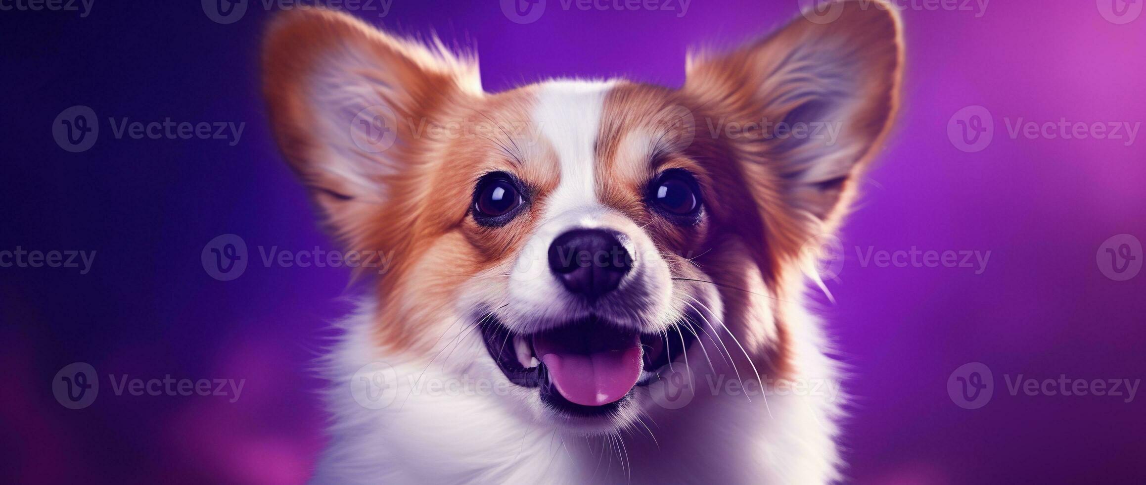 ai généré mignonne gallois corgi chien sur une violet Contexte photo