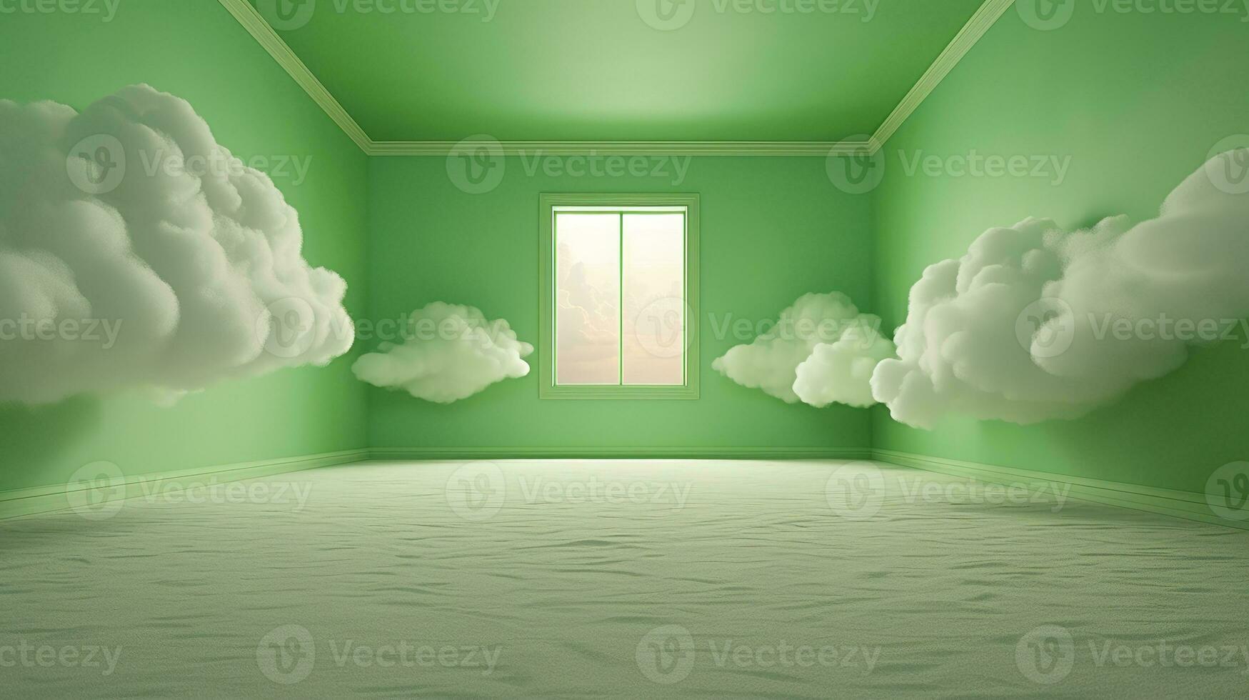 ai généré génératif ai, vert fantastique 3d des nuages dans le pièce intérieur, ciel et paysage. doux couleurs et avec brillant lumières.. photo