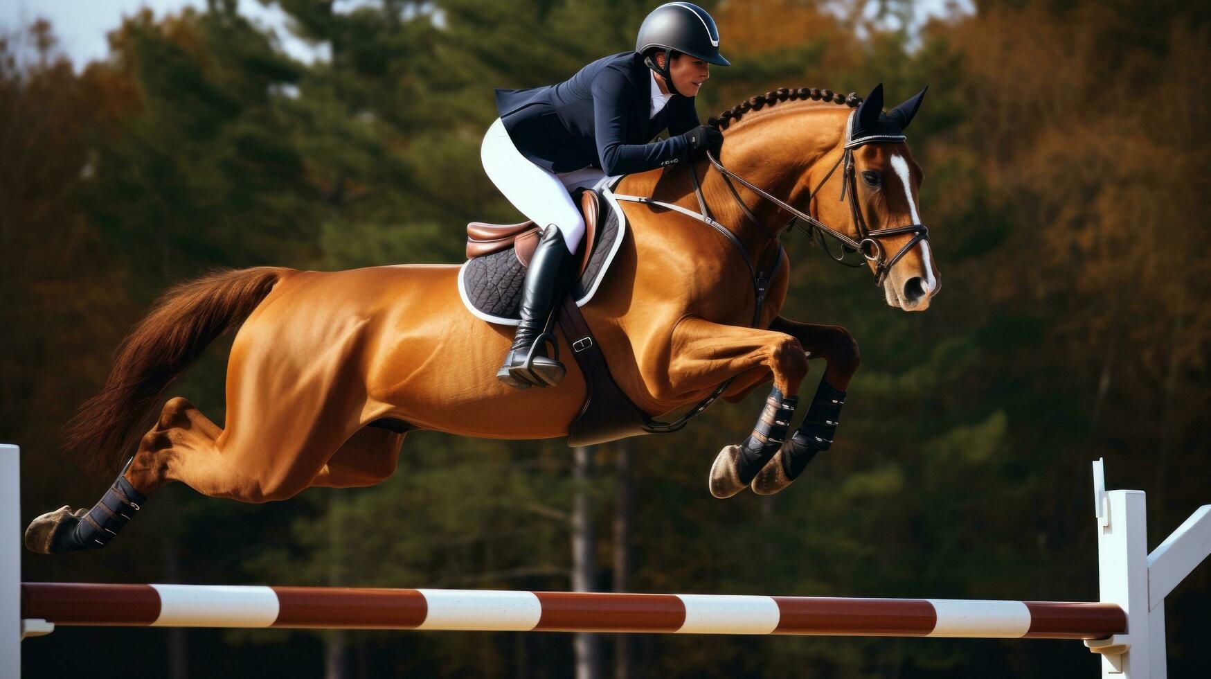ai généré une cavalier et cheval planant plus de une séries de sauts dans un équestre compétition photo