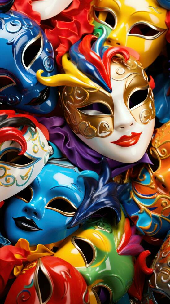 ai généré coloré carnaval masques contre une vibrant arrière-plan, photo