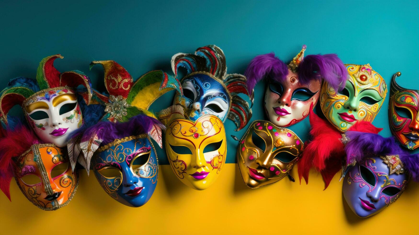 ai généré coloré carnaval masques contre une vibrant arrière-plan, photo