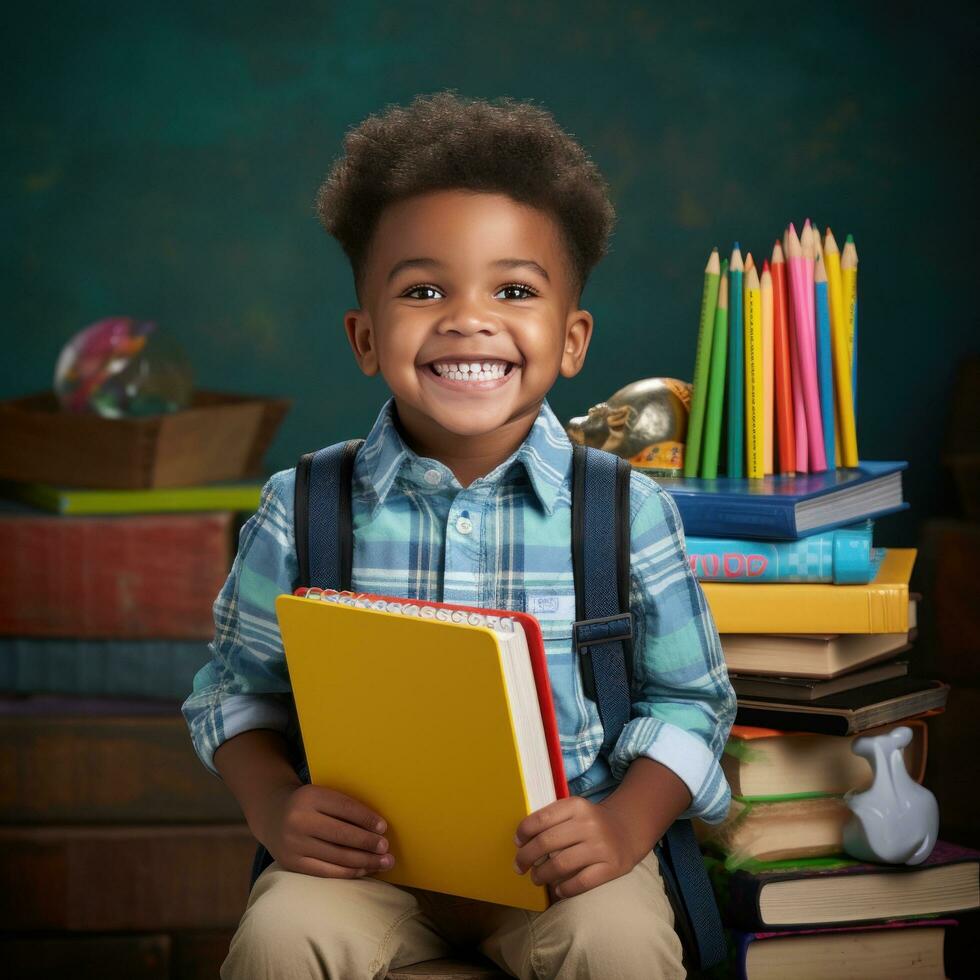 ai généré une Jeune enfant en portant une livre et souriant, entouré par école Provisions comme des crayons et des cahiers photo