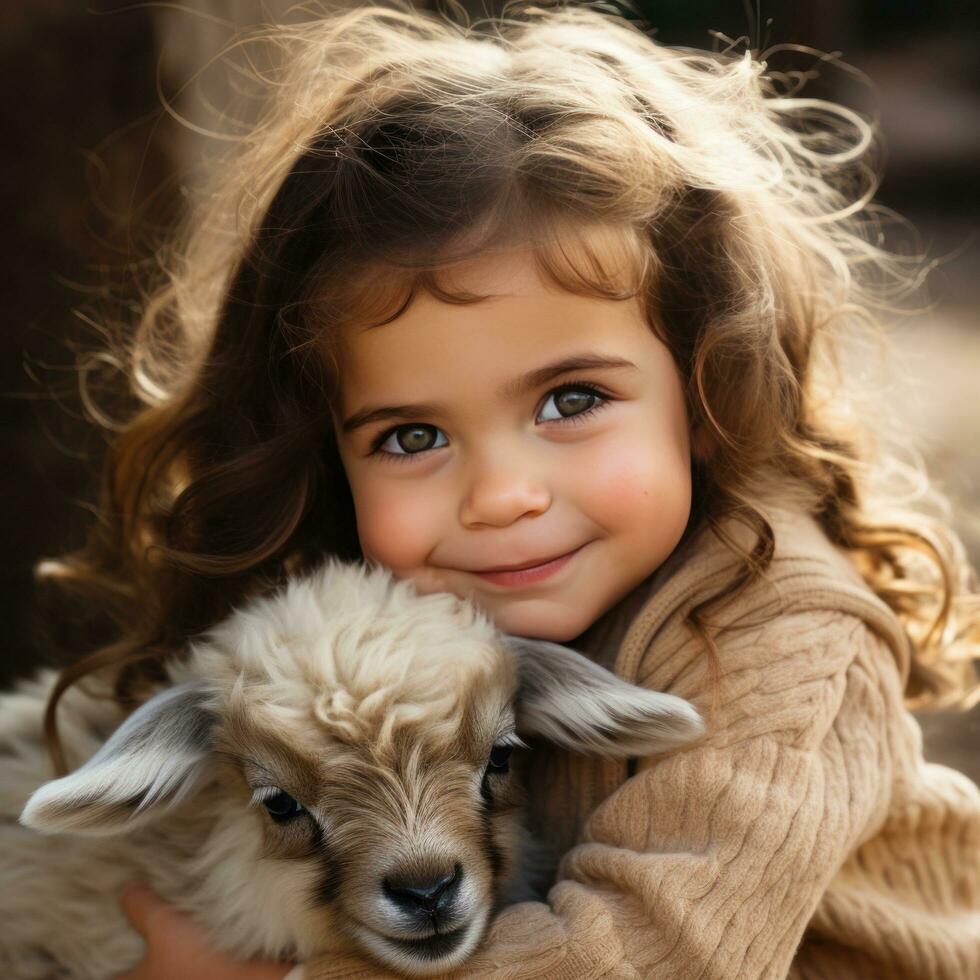 ai généré un adorable coup de une peu fille étreindre une bébé chèvre, tous les deux de leur à la recherche dans le caméra photo