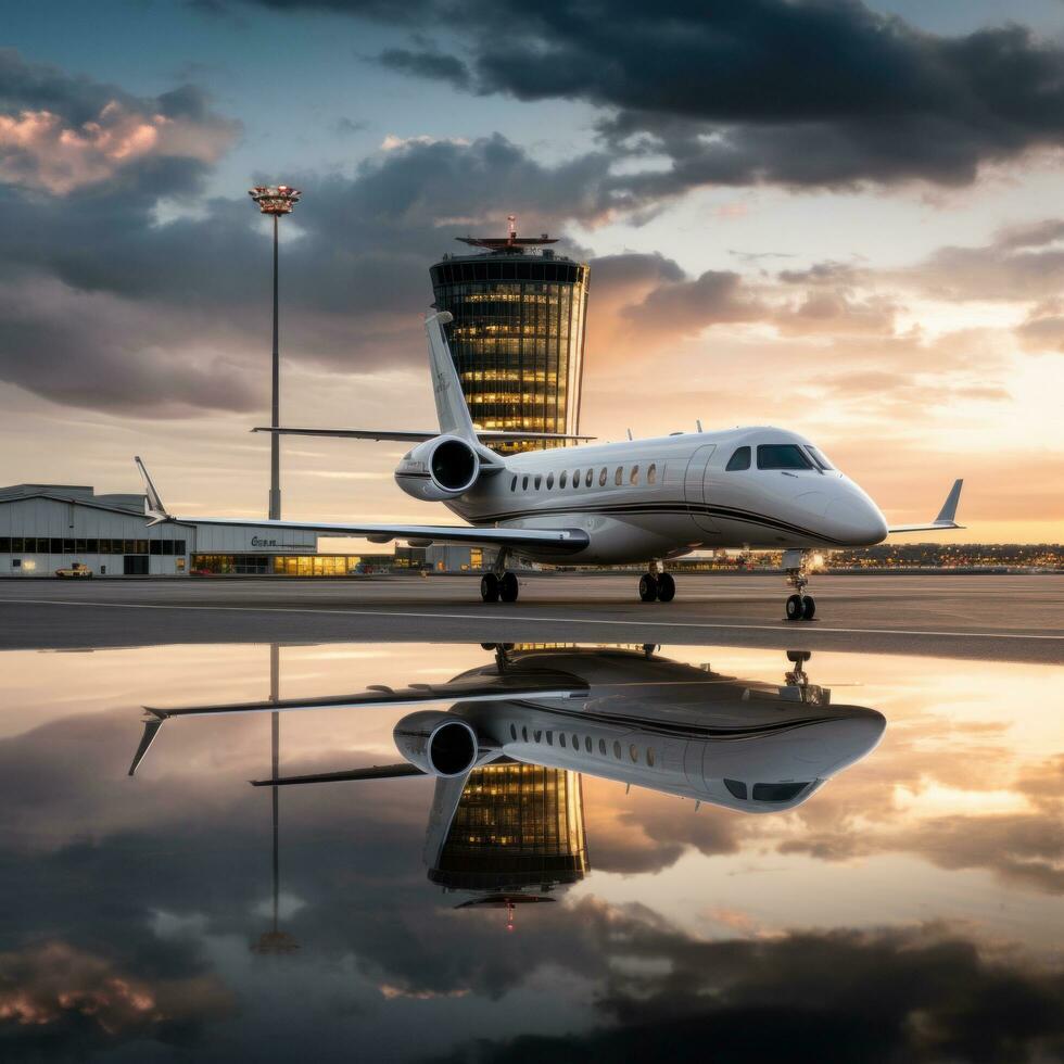 ai généré une privé jet sur le macadam, avec le aéroport Terminal et contrôle la tour dans le Contexte. photo