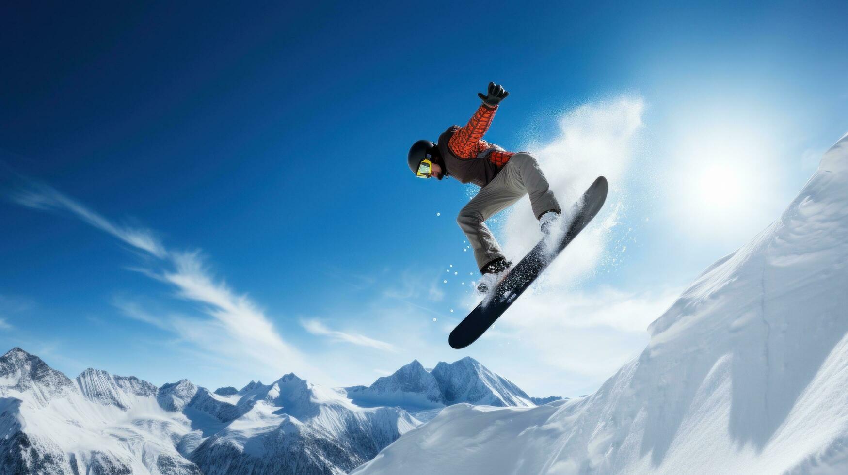 ai généré une snowboarder performant une tour dans en l'air, avec le couvert de neige Montagne dans le Contexte photo