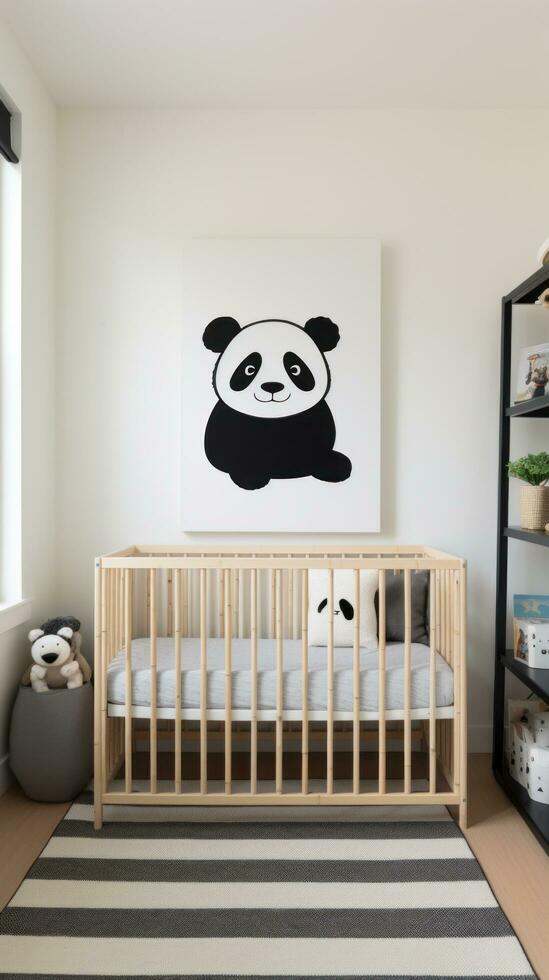 ai généré une moderne enfants pièce avec une noir et blanc Couleur schème, une en bois lit de bébé avec une blanc lit de bébé feuille photo