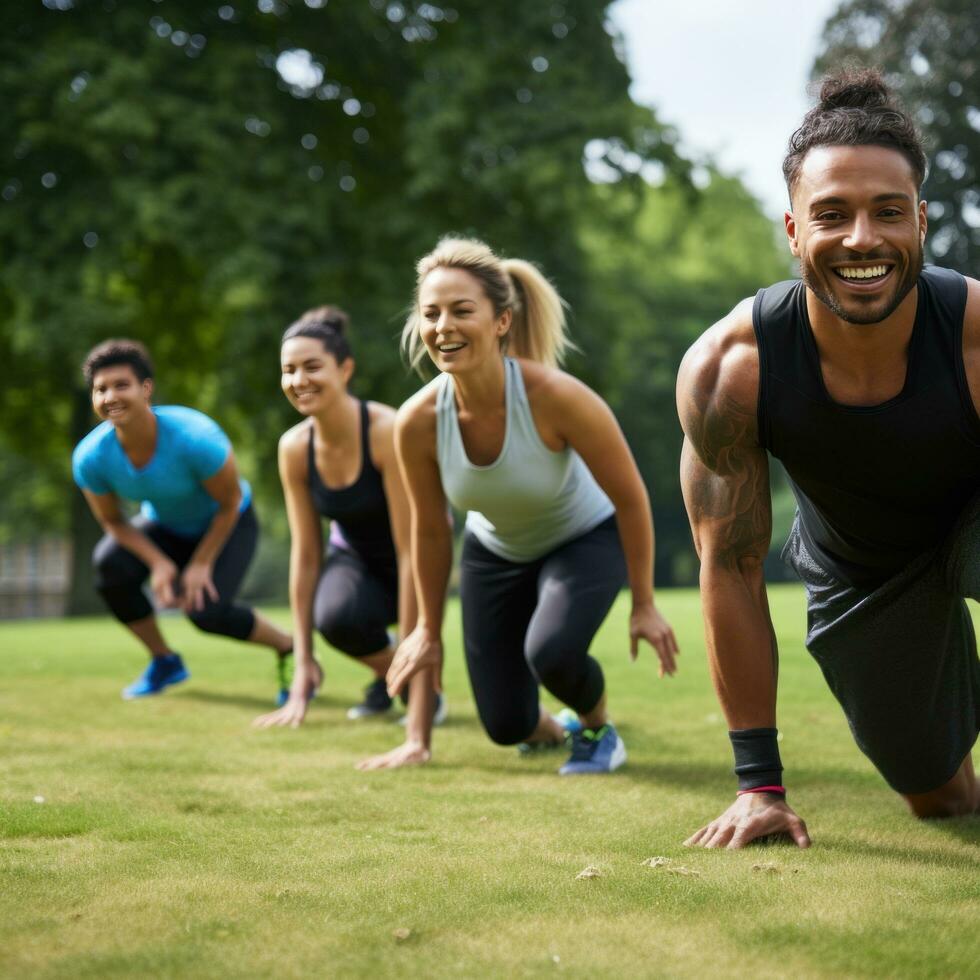 ai généré une groupe de gens Faire une style bootcamp faire des exercices ensemble, avec une entraîneur de premier plan le façon photo