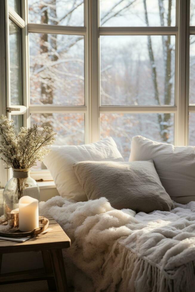 ai généré une neigeux paysage est visible par une fenêtre, avec une chaud et attrayant intérieur visible dans le premier plan photo