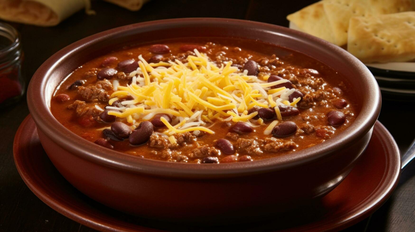 ai généré une épicé et savoureux le Chili soupe avec soumissionner morceaux de bœuf, haricots, et une saupoudrer de râpé fromage photo