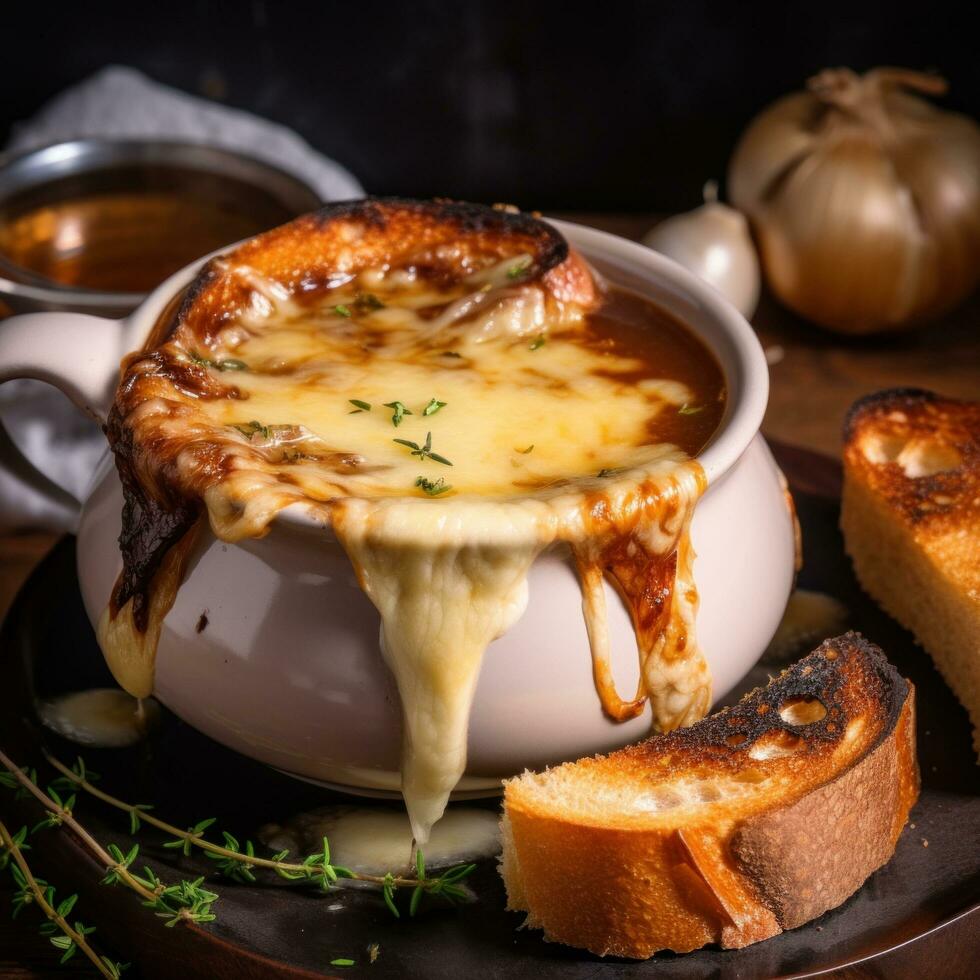 ai généré une rustique français oignon soupe avec gluant fondu fromage sur Haut et une épais tranche de pain pour plongement photo