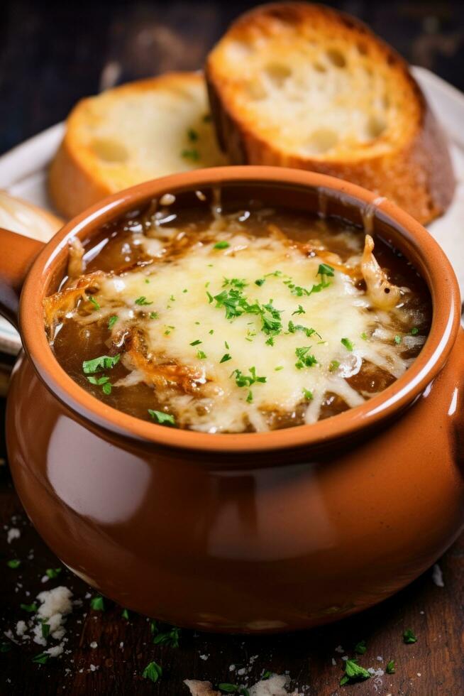 ai généré une rustique français oignon soupe avec gluant fondu fromage sur Haut et une épais tranche de pain pour plongement photo