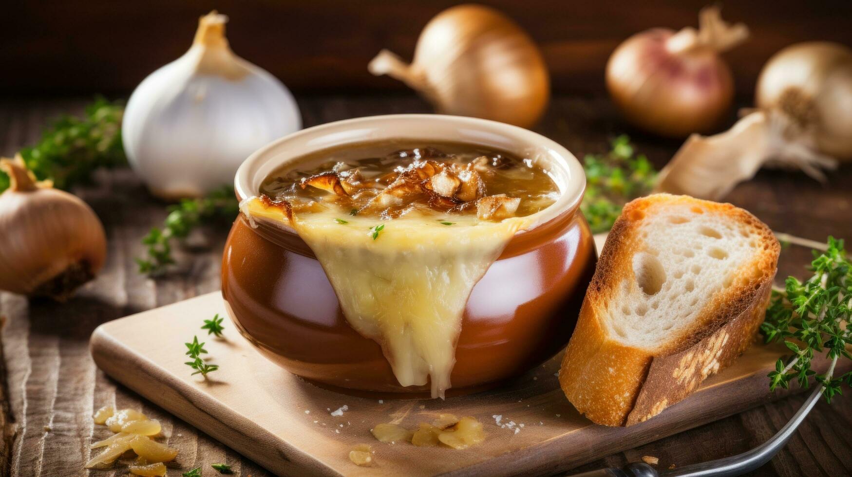 ai généré une rustique français oignon soupe avec gluant fondu fromage sur Haut et une épais tranche de pain pour plongement photo