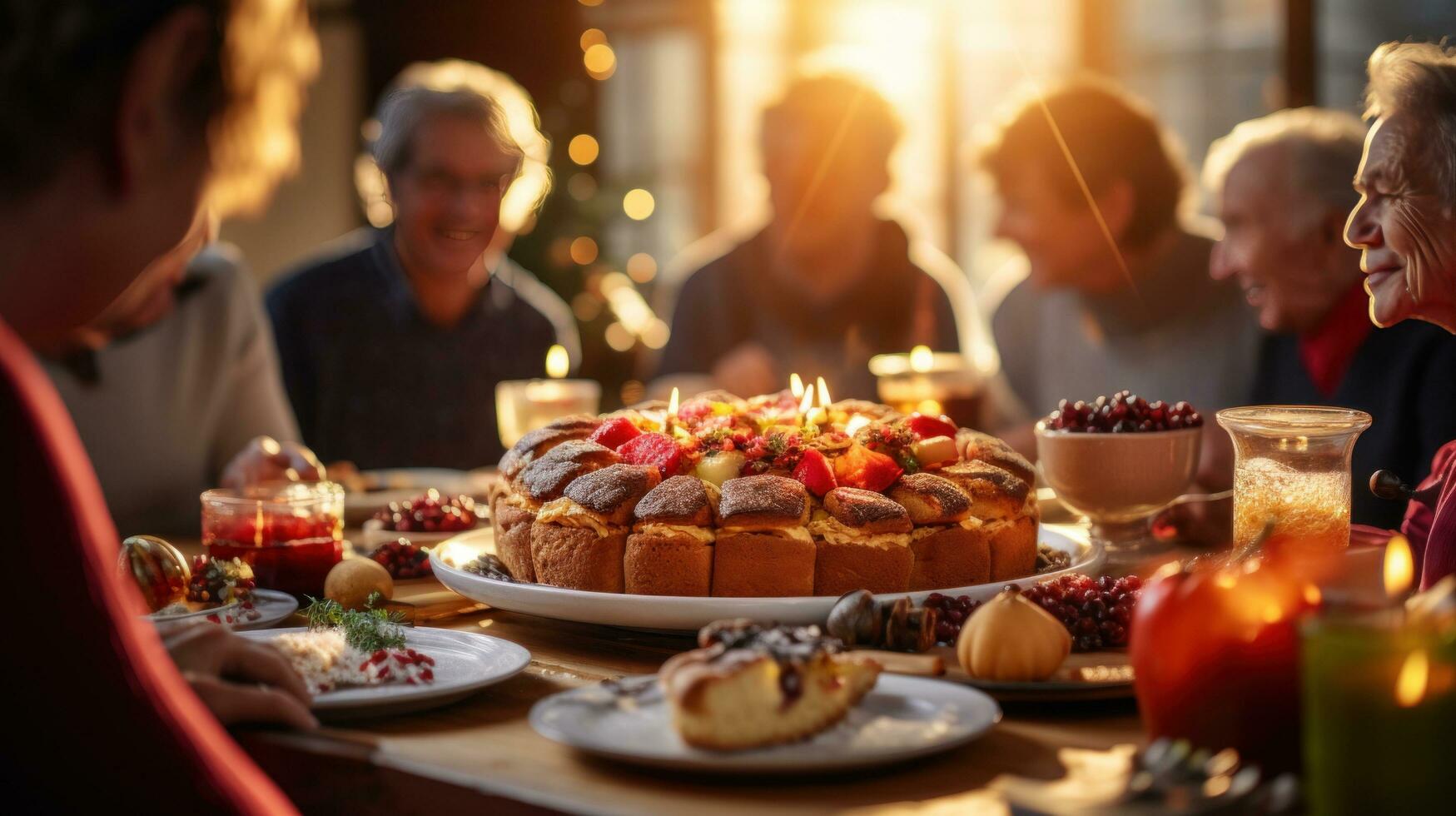 ai généré une groupe de copains recueillir autour une petit déjeuner tableau, profiter une chaud et copieux repas ensemble photo