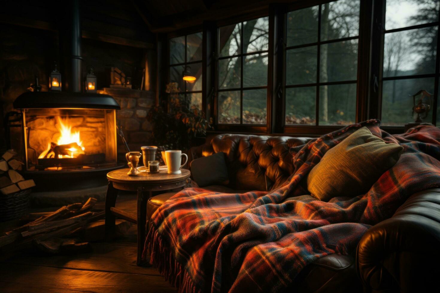 ai généré une confortable cabine intérieur avec une rugissement cheminée, doux couvertures, et une chaud tasse de thé photo