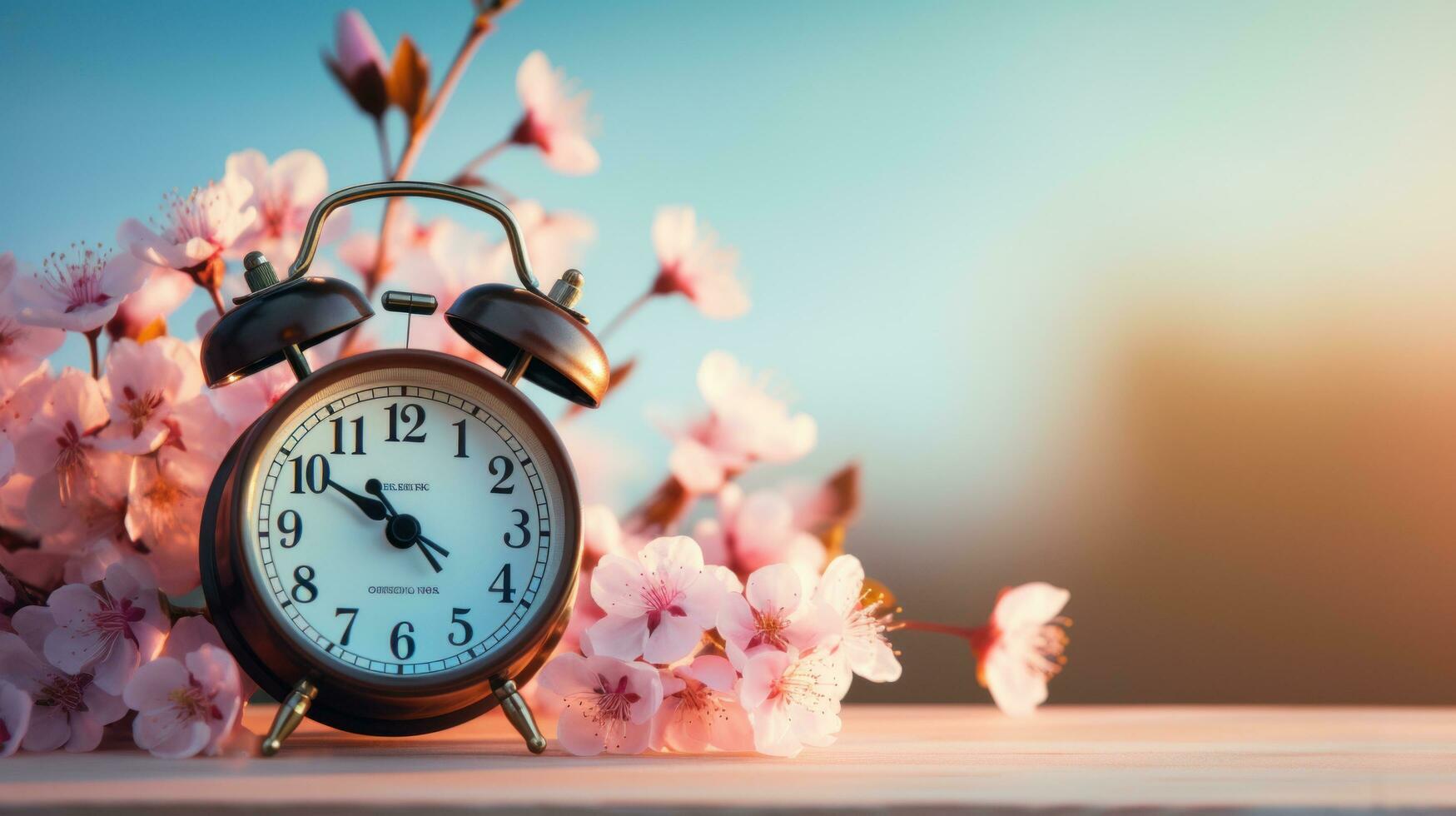 ai généré rose alarme l'horloge dans le Cerise fleur Contexte photo