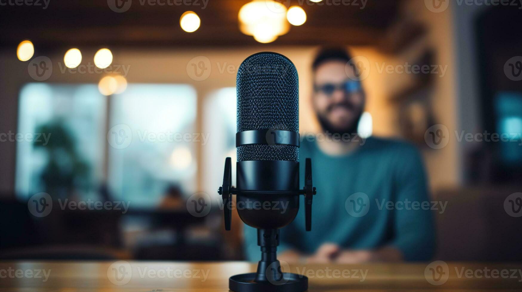 ai généré génératif ai, microphone pour podcast, homme enregistrement l'audio, hôte streaming, flou Contexte photo