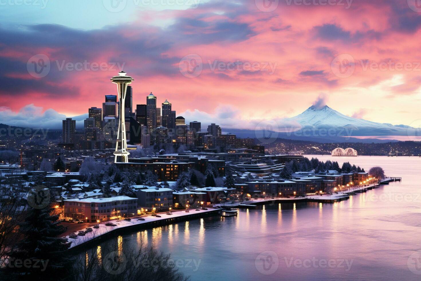 ai généré panoramique vue de une hiver Seattle ville horizon à crépuscule, avec le ville lumières reflétant de le glacé surfaces et création une magique photo