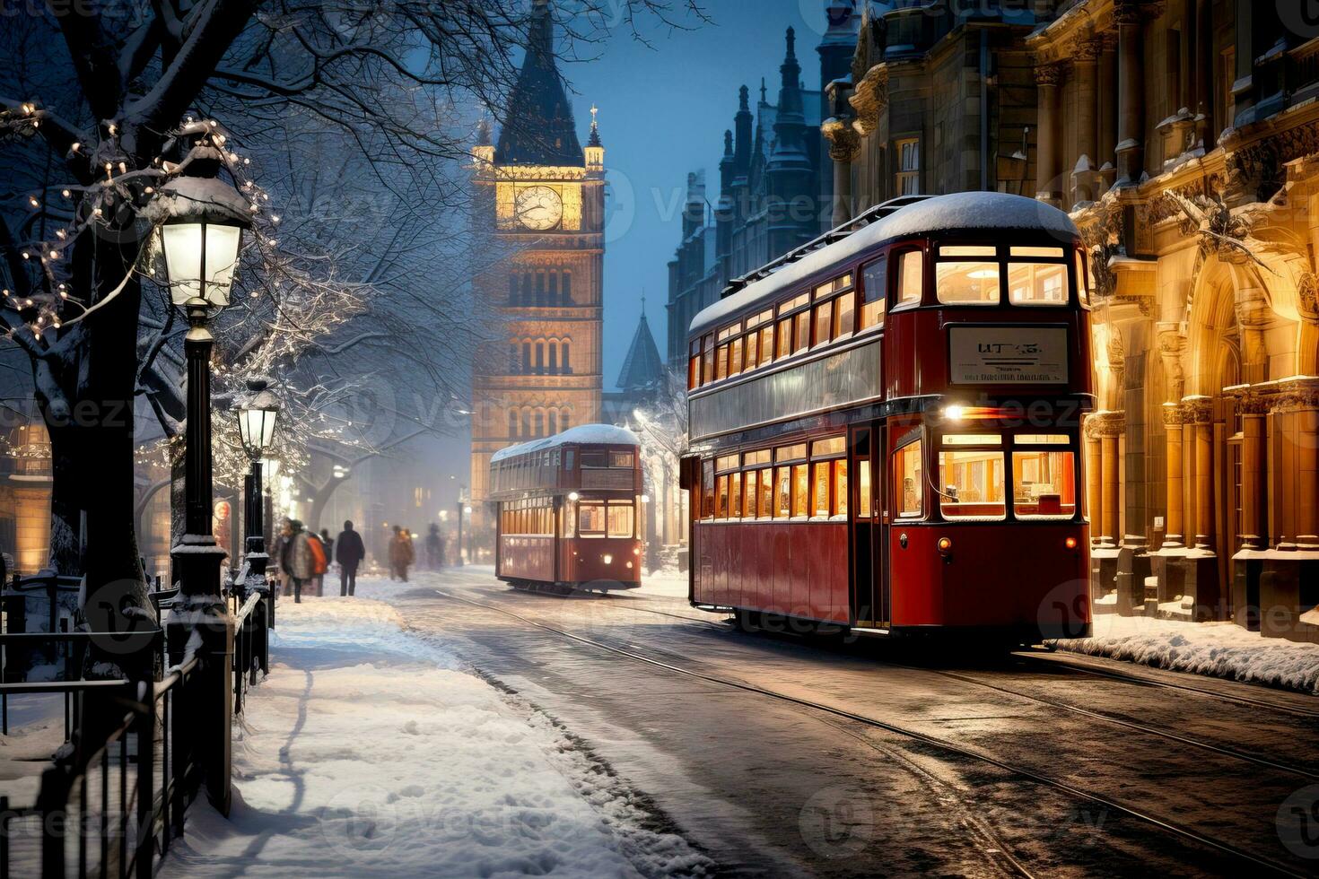 ai généré hiver paysage urbain avec neige couvert rue de Londres avec de fête lumières et décorations, rouge bus, une lumière chute de neige, et sur le thème des vacances rue décor photo