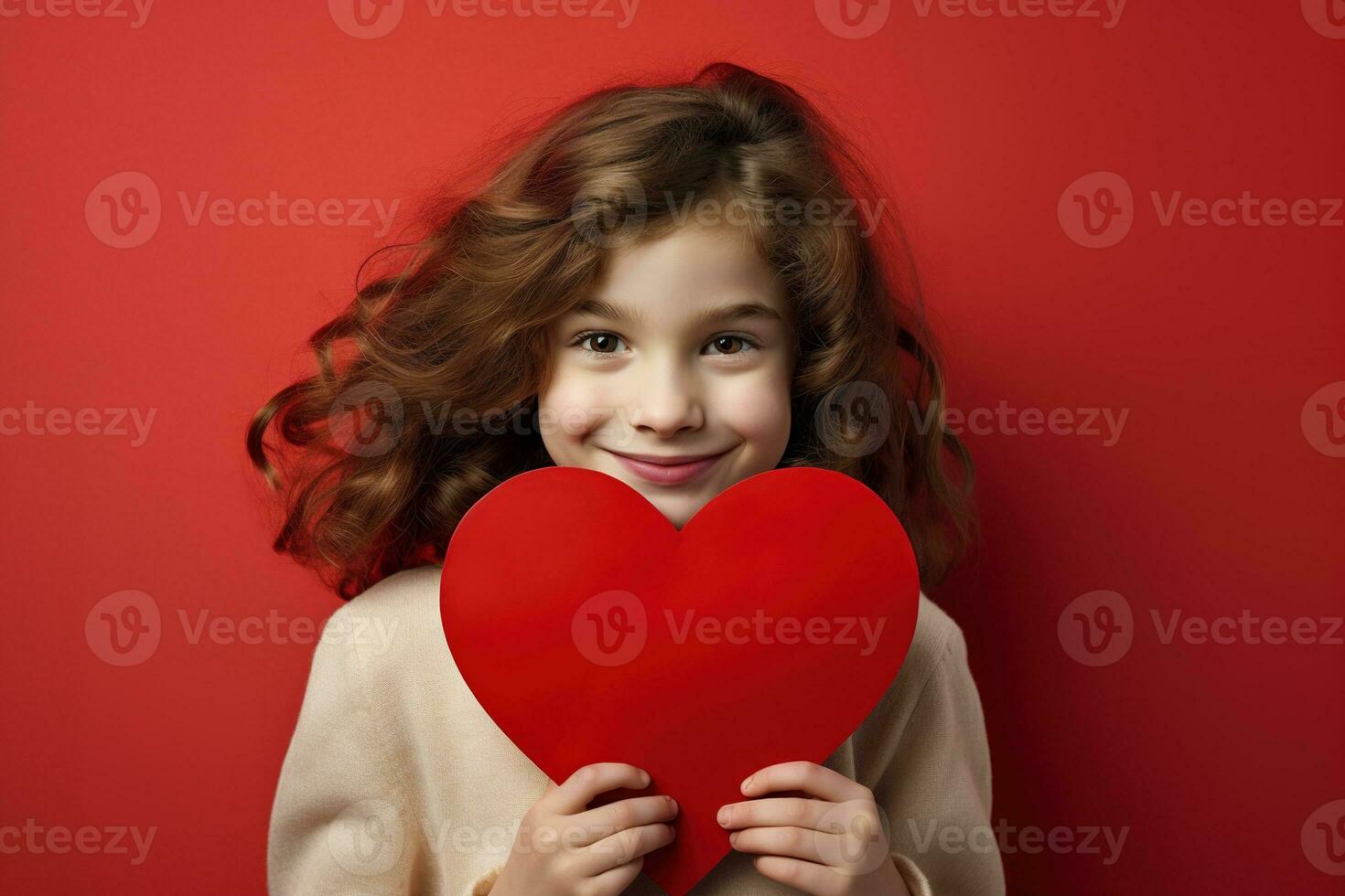 ai généré portrait de une mignonne peu fille avec rouge cœur sur valentines journée concept. photo