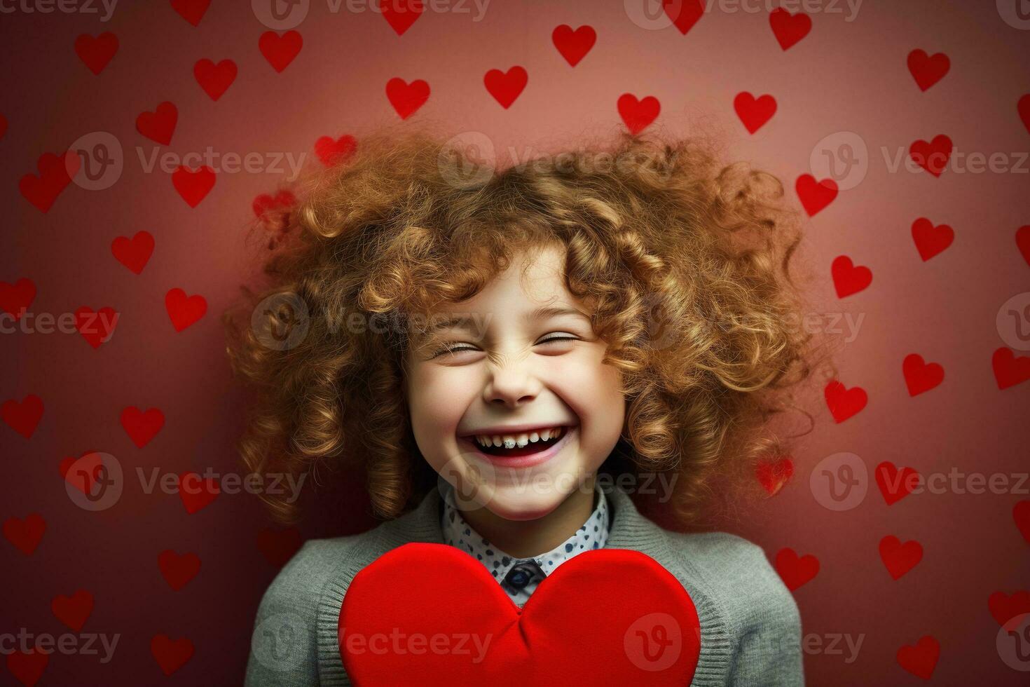 ai généré portrait de une mignonne peu fille avec rouge cœur sur valentines journée concept. photo