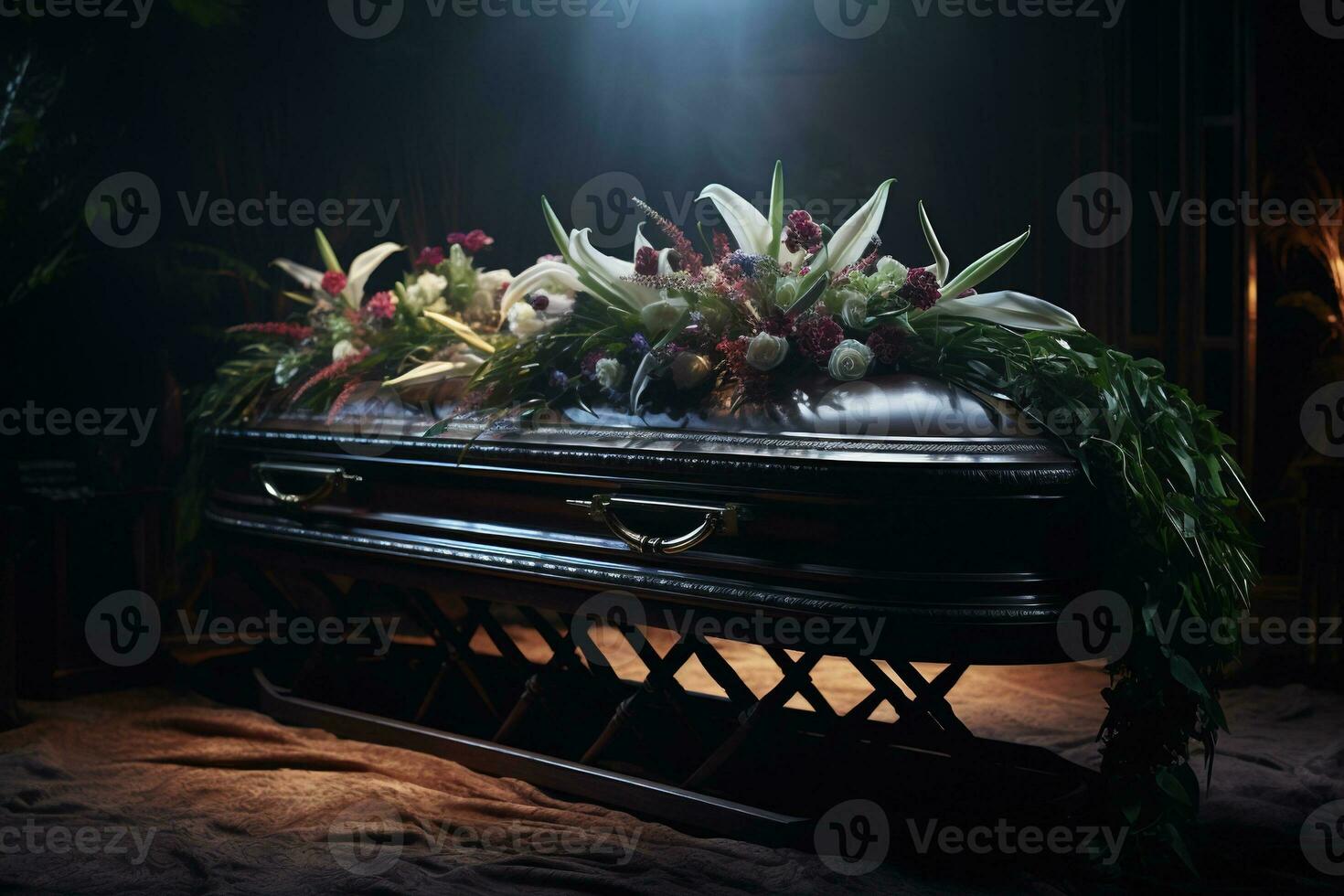 ai généré funéraire cercueil avec fleurs sur foncé Contexte photo