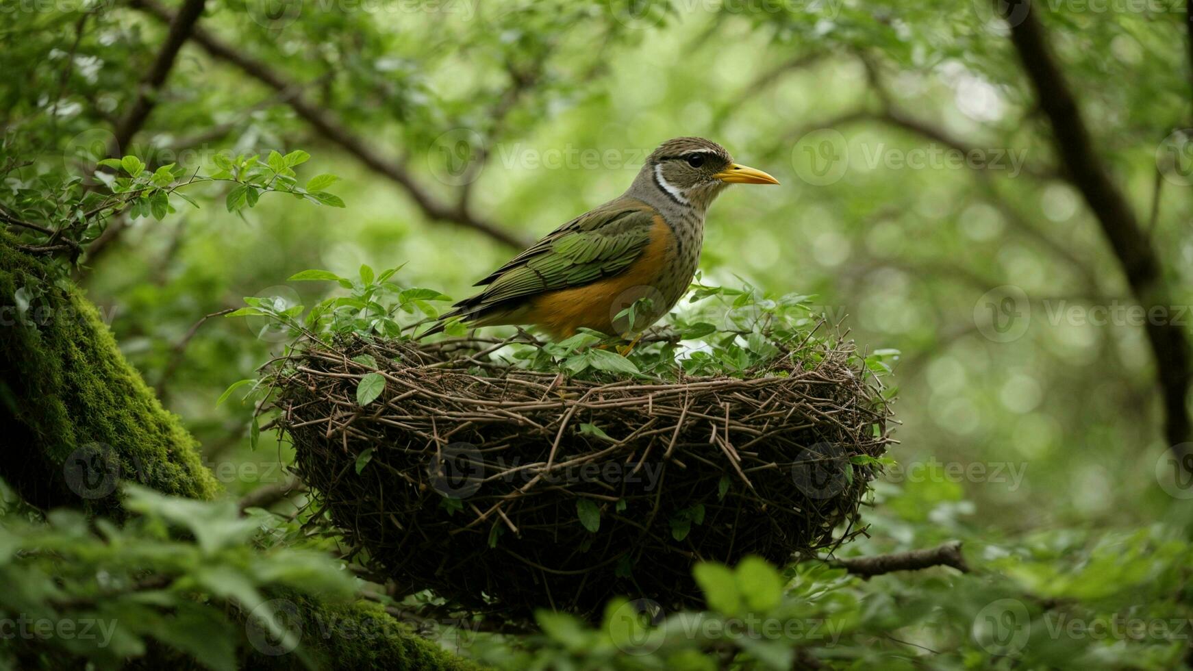 ai généré une oiseau est séance sur Haut de une nid dans le forêt photo