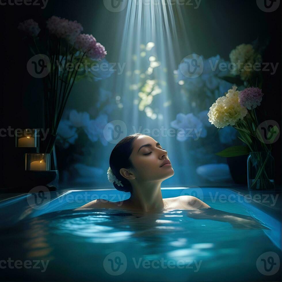 ai généré magnifique femme subissant thérapie et baignade traitement dans spa studio photo