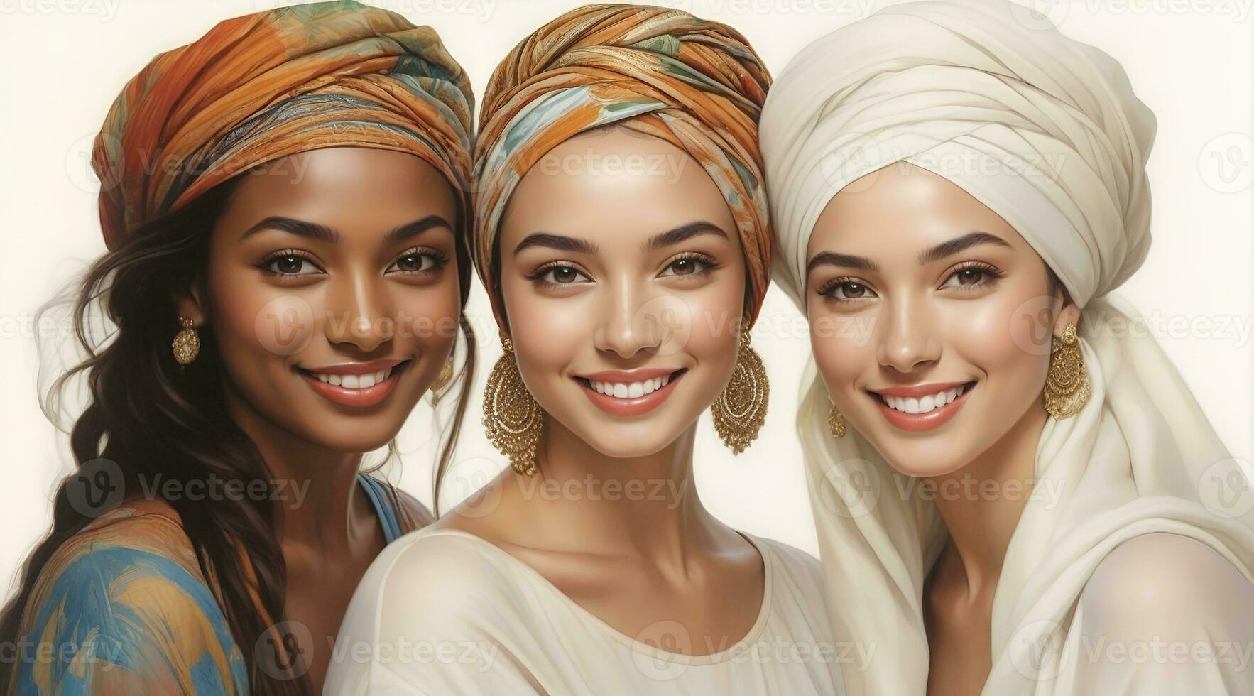 ai généré magnifique Jeune Multi-éthnique femmes avec Naturel se maquiller. La publicité pour femelle mode des modèles, visage et corps peau se soucier. photo