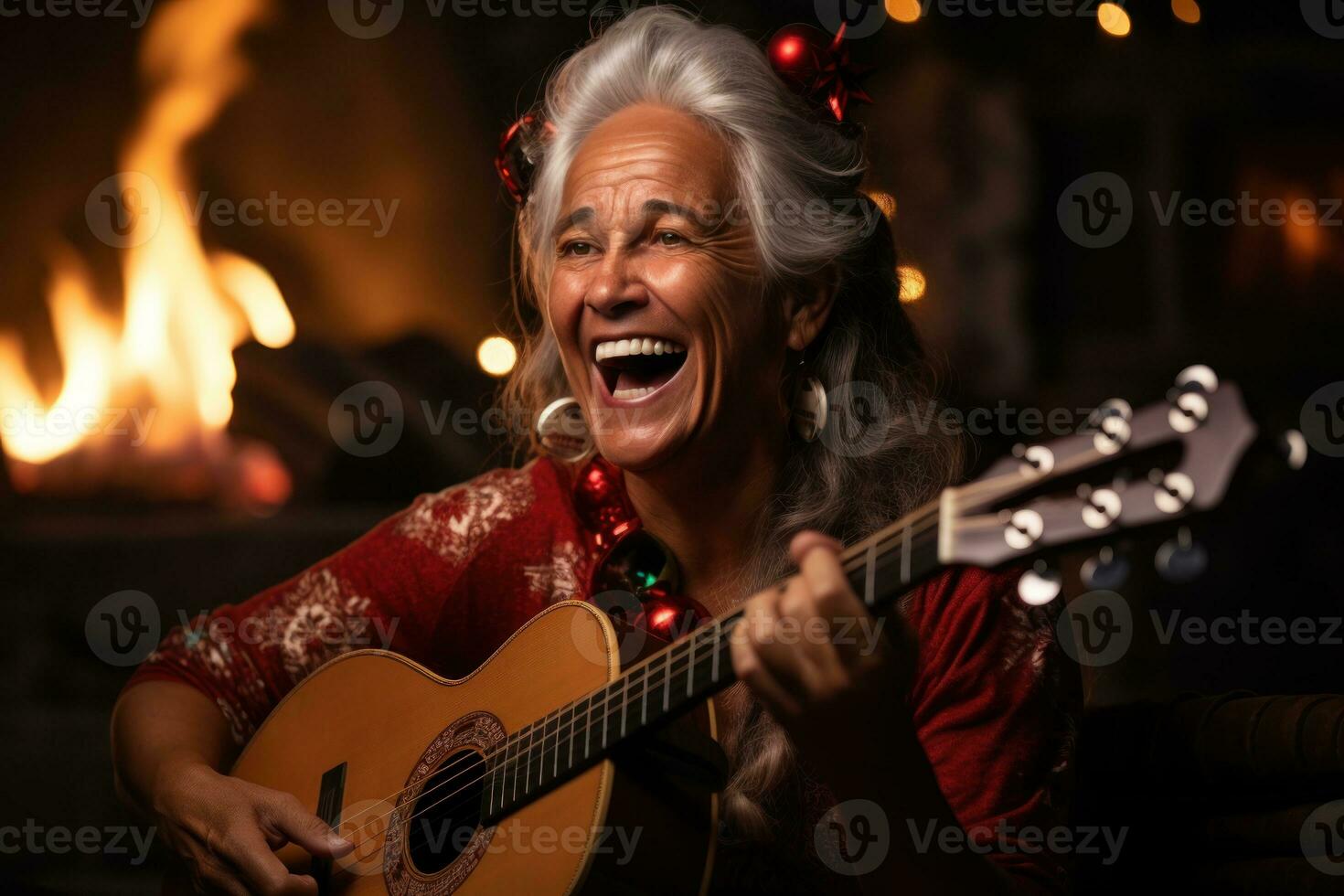 ai généré proche en haut de Mme claus en jouant ukulélé diffusion joie avec de fête Chansons par une chaud et attrayant cheminée, Noël Contexte photo